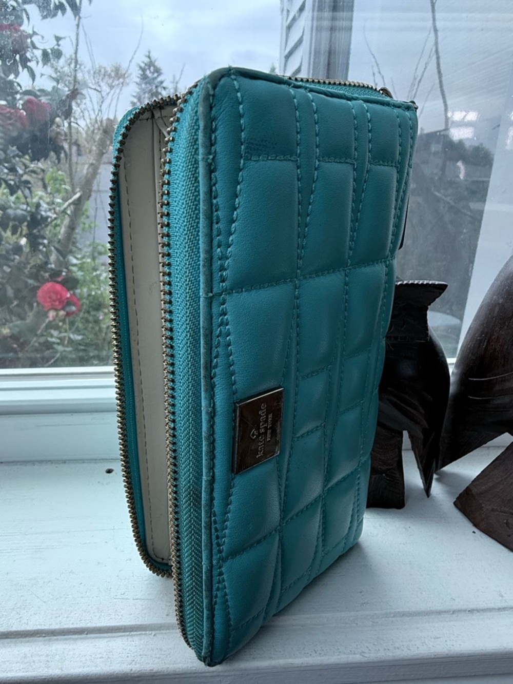 kate spade Teal Quilted Zip Wallet with Logo Plaque - Picture 4 of 13